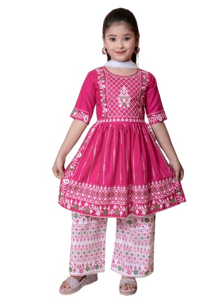 Image of New Badshah Dressesn Indian Ethnic Kids Girls Kurta Straight Pant with Silky Dupatta Dress Set, Cotton Rayon Fabric