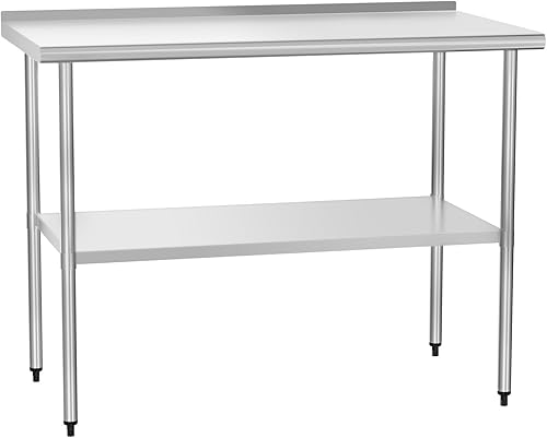 Mesa de preparación y trabajo de acero inoxidable con estante ajustable y salpicadero, isla de cocina con almacenamiento, estaciones de trabajo