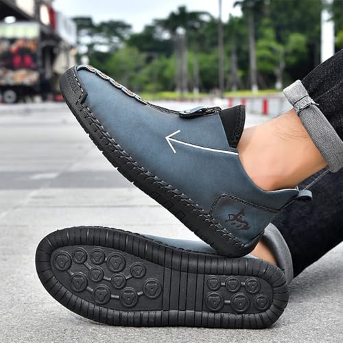 Men's Ergonomic Casual Leather Shoes,Breathable Leather Leisure Shoes,Handmade Casual Loafers,with Adjustable Zipper2