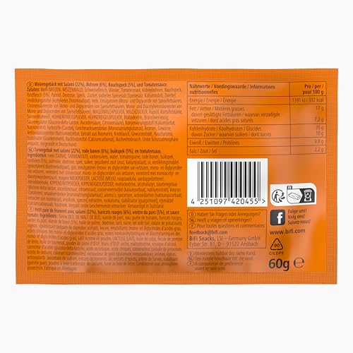 BiFi Ranger - 20er Pack (20 x 60g) – Wurstsnack mit Bohnen und Bacon in einem Teig - Original Salami-Snack to Go - für Unterwegs, im Büro oder beim Sport - Rind- und Schweinefleisch