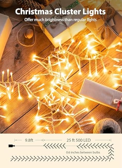 Minetom Christmas Lights Outdoor Cluster Lights - 500 LED 25 Ft Christmas Firecrackers String Lights, 12 Modes Timer Waterproof Connetable Plug in Twinkle Fairy Lights for Xmas Tree Garland Party