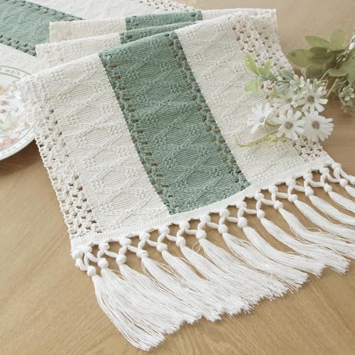 Image of FEXIA Sage Green Table Runner 36 Inches Long with Tassels Boho for Summer Home Decor Rustic Macrame Farmhouse Table Cover for Wedding Party Bohemian Bridal Shower Dining Decorations(12x36 Inches)