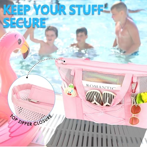 Image of Fammart Mesh Beach Bag for Women, Large Beach Toy Pool Bag with Zipper Pocket, SandProof Cruise Essentials 2026 Family Travel