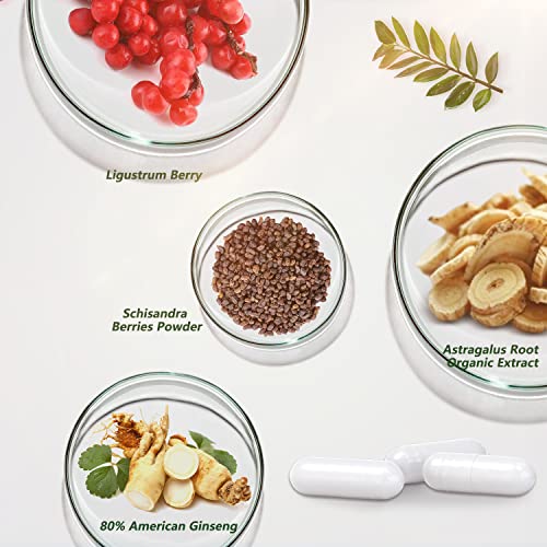 Astragalus Root Organic Extract 650Mg，With Schisandra Berries Powder，Ligustrum Berry，80% American Ginseng, Herbal Supplements, Immune System And Antioxidants Supports, Healthy Aging, Made In The Usa #TOP5
