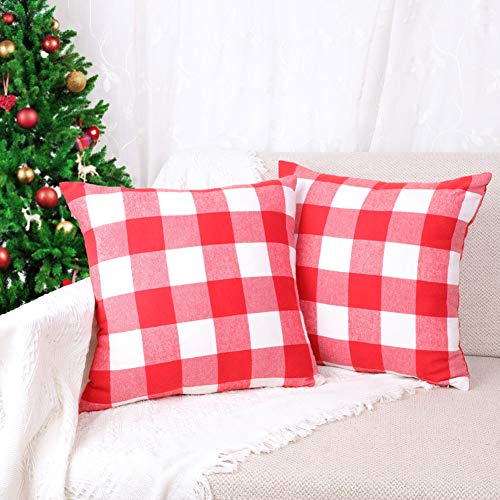 4TH Emotion Set of 2 Christmas Buffalo Check Plaid Throw Pillow Covers Cushion Case Cotton Polyester for Farmhouse Home Decor Red and White, 18 x 18 Inches