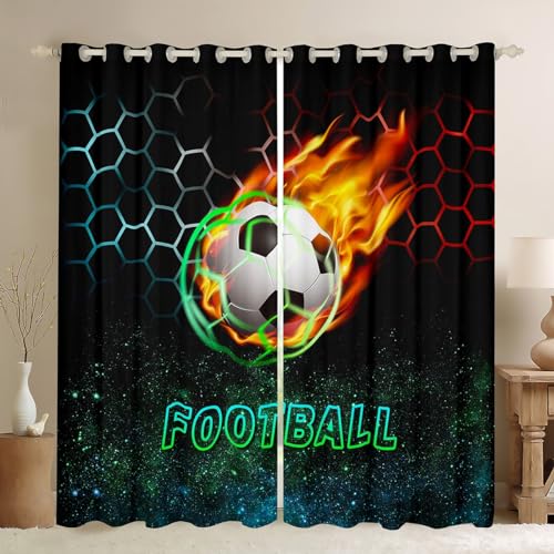 Manfei Football Window Curtains Blue Red Honeycomb Window Treatments, Soccer Sports Theme Window Drapes for Kids Boys Adults Room Decor Grommet Top 2 Panel Set Bedroom Curtains, 42Wx84L inch