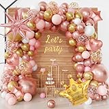 154Pcs Rose Gold Balloons Arch Garland Kit, Bachelorette Pink and Gold Confetti Balloons with 4D Star Heart Crown for Women Girls Birthday Wedding Mothers Day Bridal Baby Shower Party Decorations