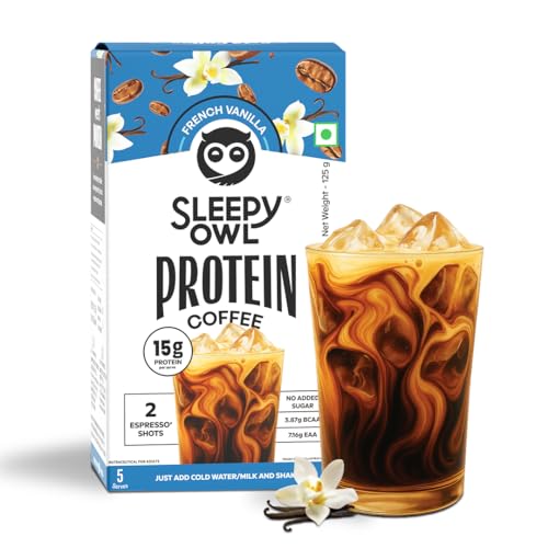 Image of Sleepy Owl French Vanilla Protein Coffee Powder, 15g Whey Protein & 2 Shots Espresso per Sachet, Less than 97 Cal, No Added Sugar, Real Cold Coffee, Light & Easy to Digest, Pack of 5 Sachets (5N x 25g)