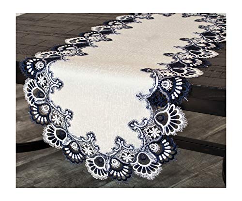 Linens, Art and Things White Navy Blue Jacquard Peacock Tail Lace Dresser Scarf Table Runner Coffee Table Runner 16 x 35 inches Approx