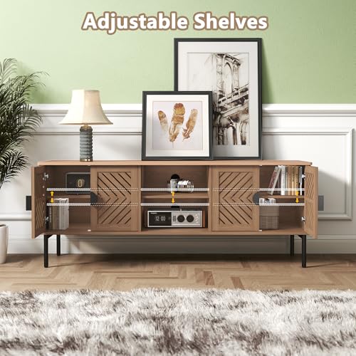 Image of ARTPOWER 63 inch Modern TV Stands，Entertainment Center with Storage，Natural Oak | TV Console for up to 75 inch TVs,TV Cabinet with 4 Doors & Adjustable Shelves, Media Console with Metal Handle for Living Room
