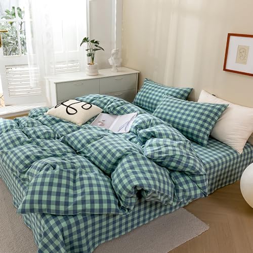Image of EAVD Modern Style Grid Plaid Duvet Cover King Soft Cotton Blue Green Grid Plaid Bedding Set with 2 Pillowcases Reversible Checkered Geometric Duvet Cover with Zipper Closure