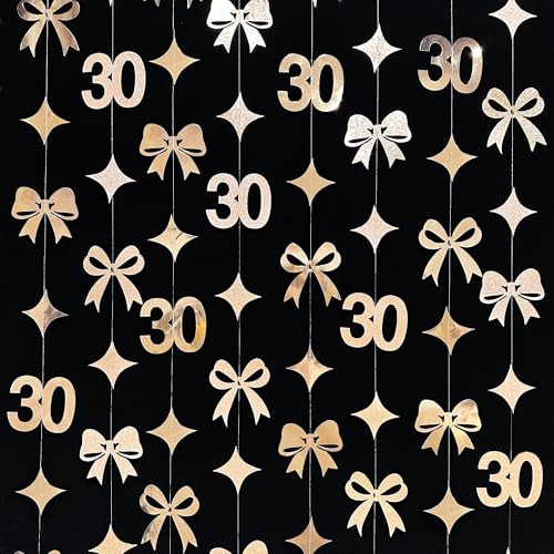 Image of Glitter Champagne 30th Bow Birthday Decorations Champagne Conquette Bow Garland Streamer Banner Backdrop for Womens Happy 30th Birthday Dirty Thirty Cheers to 30 Years Old Anniversary Party Supplies