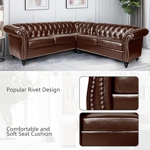 Image of QHITTY Sectional L-Shaped Sofa, Chesterfield Faux Leather Couch 5 Seater Upholstered Small Accent Tufted Sofa with Nailhead Design and Rolled Armrest for Living Room, Apartment, Office (Dark Brown)