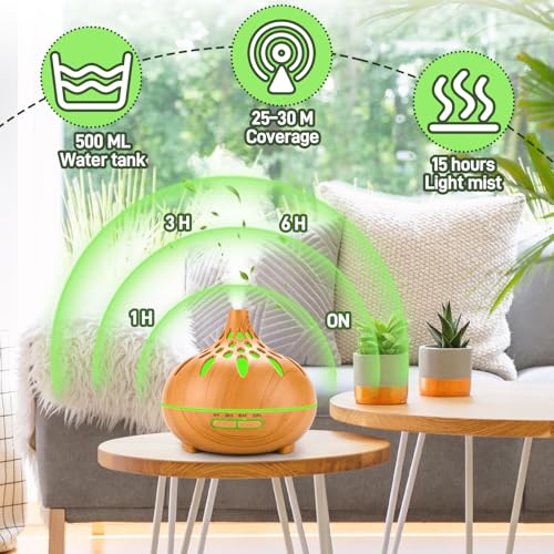 USHOP Aroma Diffuser 500ml,Diffuser Voor Etherische Oliën,Aromadiffuser met 10 Essentiële Oliën,Aromatherapie met 7 Kleuren LED Lichten 4 Timers, 3 Mistmodus voor Slaapkamer, Spa, Yoga, Massage - Afbeelding 3