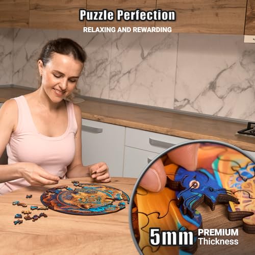 LEOGOR Wooden Jigsaw Puzzles for Adults (12 × 11.8 in), 200 Piece Wolf Puzzle with Unique Mosaic Shapes, Extra-Thick 5 mm Wood, Challenging Round Brain Teaser, Premium Gift for Adults - Image 2