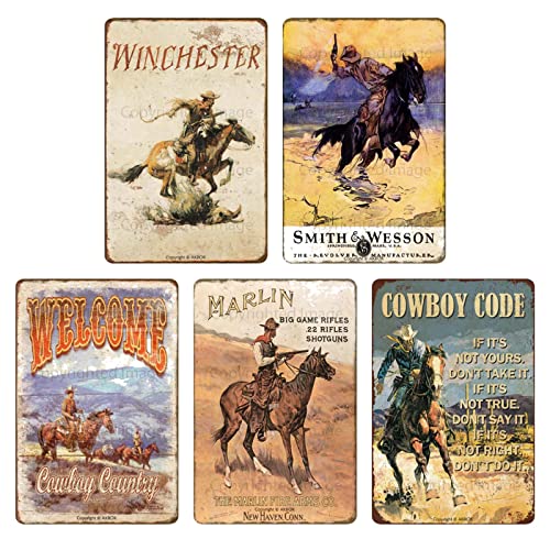 Image of Vintage Western Cowboy Tin Sign Retro Cowboy Code Metal Sign Garage Shop Man Cave Bar Home Wall Decoration 8 X 12 Inch 5PCS