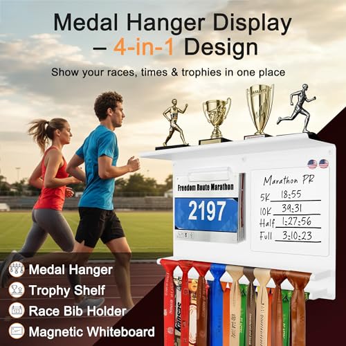 Image of Running Medal Hanger Display with Trophy Shelf, Race Bib Holder and Whiteboard, 2-Bar Medal Holder for 50+ Medals with Flag Magnets, Marker, Wall Mounted, White