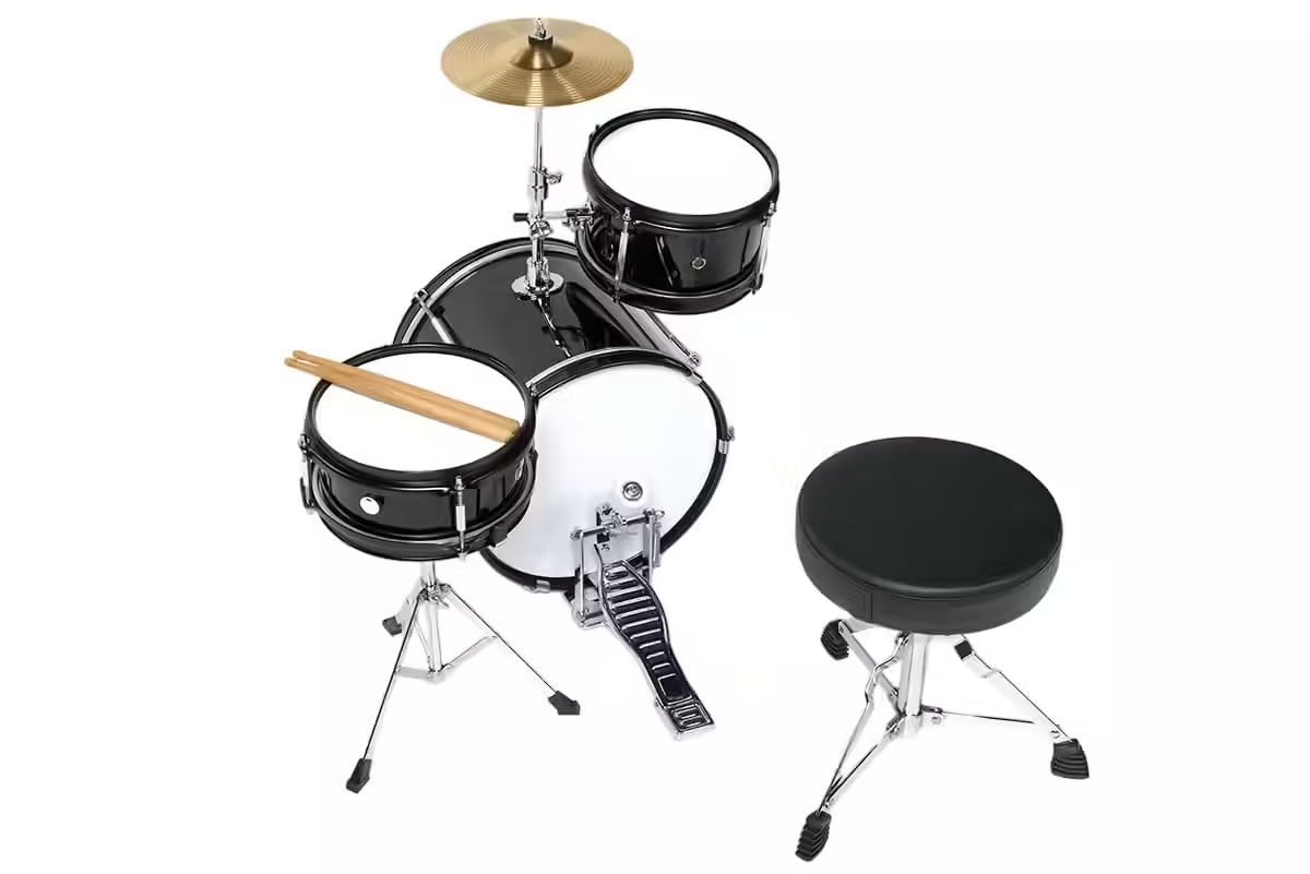 Woodbrass DSJ90B - Batteria per bambini completa 3+ anni, mini kit batteria acustica Junior con sedile, pedale, piatto 8", Tom e cassa chiara, batteria per bambini principianti, colore: nero
