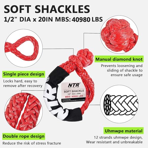 Image of NTR 1-1 /8 inch x 30' Kinetic Recovery Tow Rope (37,480lbs), with 2 UHMWPE Soft Shackles (40,980lbs), Heavy-Duty Offroad Snatch Strap, Vehicle Recovery kit for Jeep car Truck ATV UTV SUV