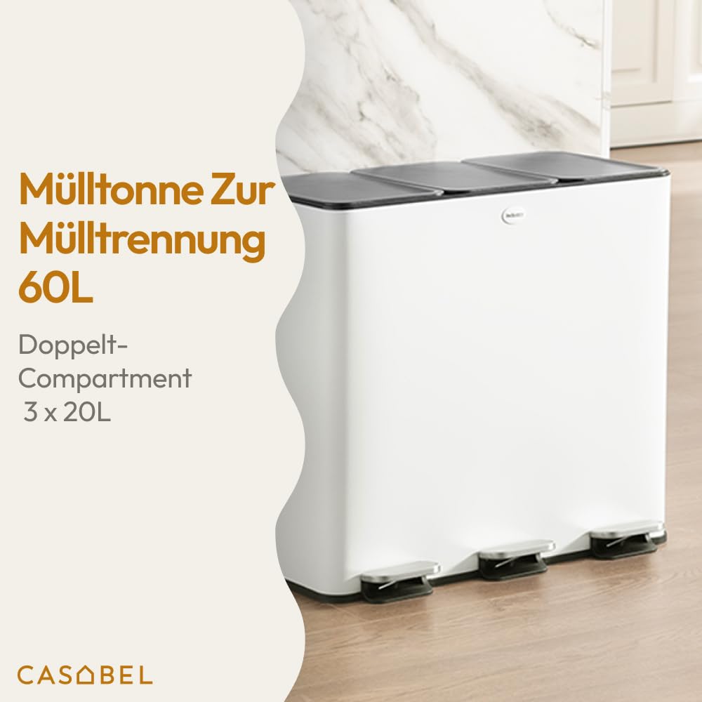 CASABEL Dreifach-Küchenabfalleimer 3x20L, 3 Pedale, Edelstahl, weiß | Dreifachfach, Mülltrennung, 60L, dichte Deckel, fingerabdruckresistent, herausnehmbare Eimer, pflegeleicht