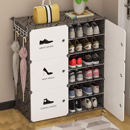 Image of Sunderlook Shoe Rack Plastic for Home- Shoe Stand, Chappal Stand, Professional Multipurpose Foldable Standing Comfort Runner Shoe Rack with Door, Slipper Stand (Black & White, 12 Shelf 6 Door)