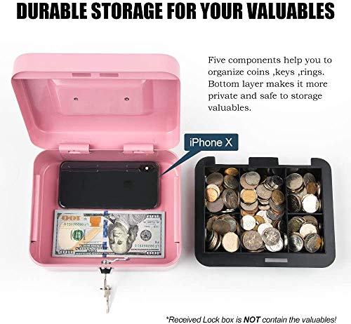 Xydled Locking Steel Large Cash Box With Removable Coin Tray And Key Lock,9.84"X 7.87"X 3.54",Pink #TOP3