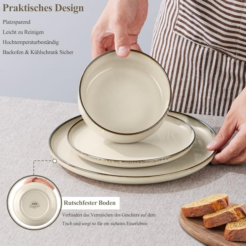 Joyfair Geschirrset 6 Personen, 18-tlg Steinzeug Tafelservice Set, Kratzfest Reaktive Glasur Geschirr Set mit Speiseteller, Dessertteller, Müslischalen, Mikrowellen- & Spülmaschinenfest, Riff Khaki