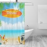 JSTEL Duschvorhang, Motiv: Beach Things And Old Surfboard mit Grußkarte, schimmelresistentes & wasserdichtes Polyestergewebe, 182,9 x 183,9 cm, für Zuhause, extralang, dekorativer Duschvorhang