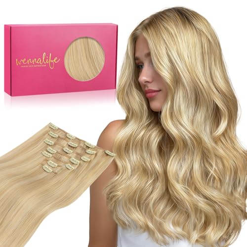 WENNALIFE Extensiones Clip Pelo Natural, 35cm 120g 7 Piezas, Rubio Claro Rubio Dorado Resaltado Extensiones de Clip Natural Extensiones Pelo Remy Extensiones Cabello Postizos Mujer