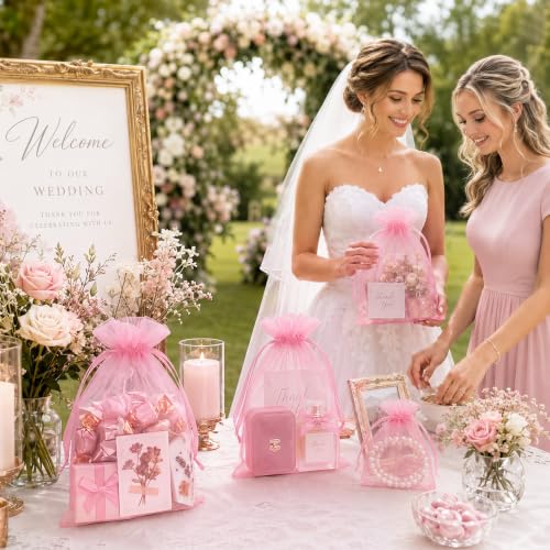 Image of FUNFERY 100PCS Pink Organza Gift Bags 5x7in,Drawstring Pouch for Jewelry