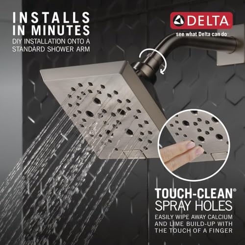 Image of Delta Faucet 5-Spray H2Okinetic Raincan Shower Head, Brushed Nickel Showerhead, Square Shower Head, Delta Shower Head, Water Saving Shower Head, Lumicoat Stainless 52664-SS-PR
