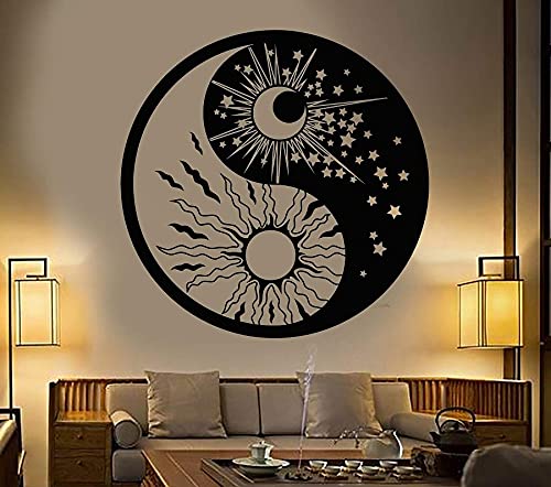 QIANGTOU Decalques de vinil para parede, sala de estar, decoração do quarto, símbolo de Yin e Yang, sol, lua, estrela budista, dia e noite, autocolante 42 x 42 cm