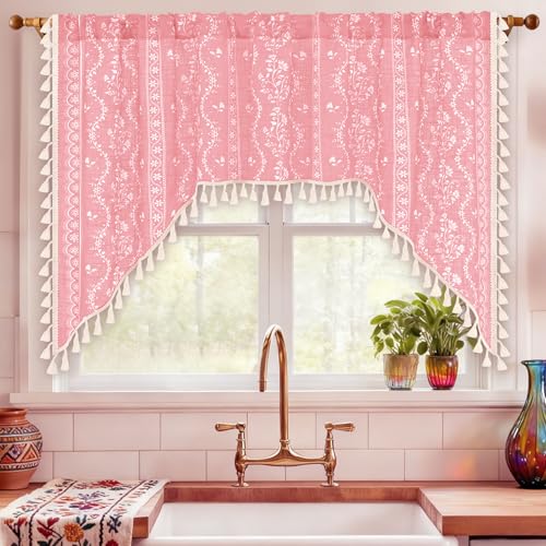 Image of Yinhua Boho Swag Valance Curtains Vintage Linen Valances for Windows Light Filtering Floral Kitchen Valance Rod Pocket Farmhouse Rustic Tassel Window Valances for Bathroom Cafe, 60 inch W x 36 inch L, Pink