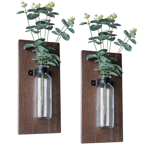 Zelura Paquete de 2 jarrones de pared y plantas de vidrio de madera artificial, jarrón colgante de madera para interiores, decoración moderna de pared de granja para baño, oficina y sala de estar,
