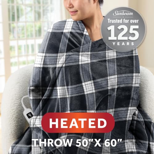 Image of Sunbeam Heated Throw Blanket Flannel Sherpa 4 Heat Charcoal Plaid 50x60