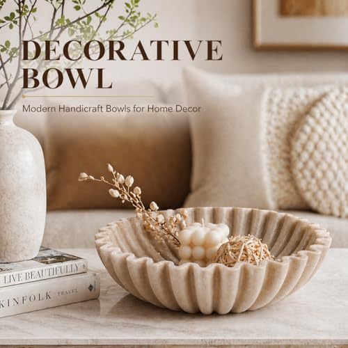 YMXYJM Large Decorative Bowl, Modern Handicraft Bowls for Home Decor, Fruit Bowl for Kitchen Counter, Ruffle Decor, Stylish Key Bowl for Entry Table, Artificial Stone Beige - Image 6