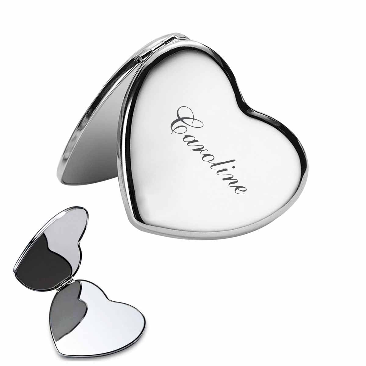 HaEnLab Personalized Engraved Heart Shape Silver Compact Mirror Favor, Custom Pocket Mirror with Name, Birthday Present for Her, Bridesmaid Wedding