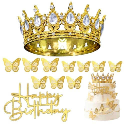 12Pcs Cake Decorations Crown Cake Topper Gold Crown for Birthday Princess Party Accessory with Golden Finish Including 1 Large gold and white crown 1 Happy Birthday decoration and 10 golden butte