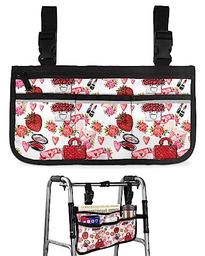Valentine's Day Wheelchair Side Bag Walker Bag, Red Bag Strawberry Pink Love Flowers Wheelchair Accessories Armrest Pouch, Organizer Storage Bag for Walkers, Rollators, Scooters, 7.3''x13''