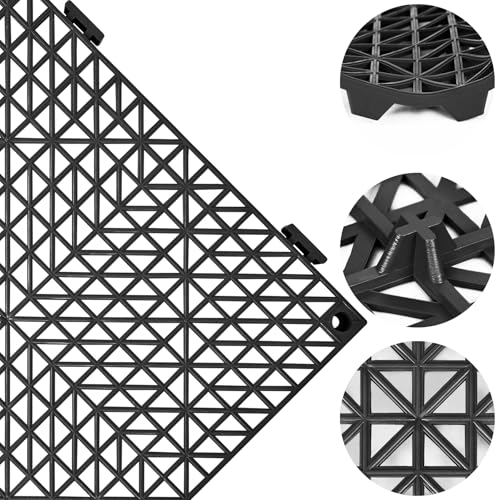 Image of ToLanbbt Modular Interlocking Cushion 55P 11.8 inch x 11.8 inch Interlocking Rubber Floor Drain Holes Non-Slip Splicing Drainage Mats for Deck, Shower, Kitchen, Drain Pool, Sauna Bath, Indoor Outdoor (Black)
