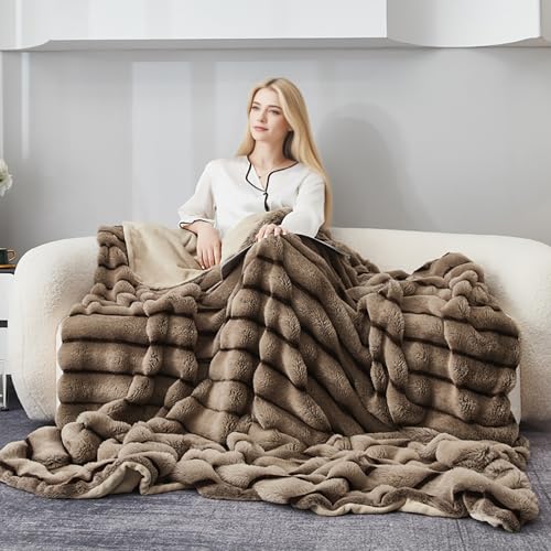 DCSKY Cozy Faux Fur Throw Blanket for Bed-Warm Fuzzy Throw Blanket, Cozy Soft and Fuzzy Plush Rabbit Fur Bubble Blanket Blankets for Bedroom and Living Room, Furry Luxury Blanket 80" x 90"Curry by DCSKY - Image 4