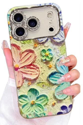 Image of Elzzi Compatible with iPhone 17 Pro Max Case Oil Painting Flower Colorful with Lens Prtotection Shockproof PC+TPU Glossy Back Cover for Girls Women, Pink