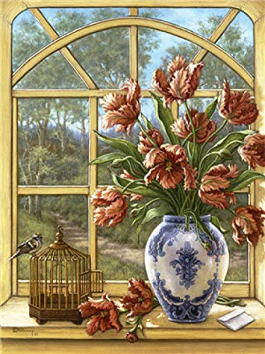 Pintar por números para Adultos Rejas de ventana DIY Pintura al óleo Kit lienzos Niños y Principiantes acrilicas Cuadros Manualidades Decoracion Regalo 40x50 cm(Con marco)