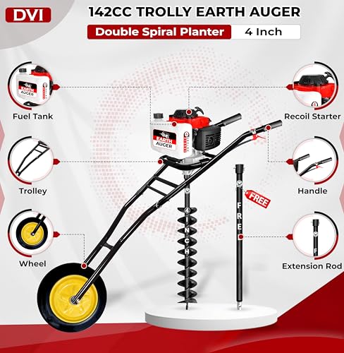 Image of DVI 142CC Trolley Earth Auger Machine, 4-Stroke Petrol Engine - with 4 Inch Double Spiral Planter Bits & Free Extension Rod | for Plantation, Fencing & Post Hole Digging in All Soil Types.