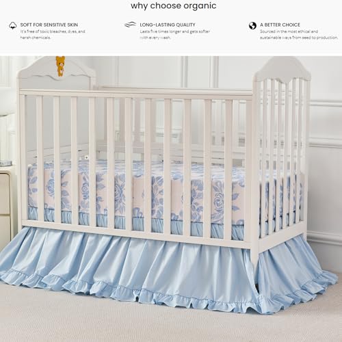 Image of Brandream Organic Crib Fitted Sheets for Baby Girls, Cottagecore Fitted Crib Sheet for Standard Crib and Toddler Mattress Super Soft 100% Cotton Baby Sheet French Country Blue Coquette Bow Rose Print