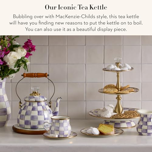 Image of MACKENZIE-CHILDS Tea Kettle, 2 Quarts, Purple-and-White Violet Check