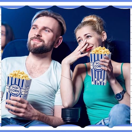 Image of Xinnun 100 Pcs Popcorn Boxes 32oz Classic Stripe Paper Buckets Disposable Oil Proof Popcorn Container Retro Open Top Box for Movie Night Supplies Theaters Carnival Birthday (Dark Blue)