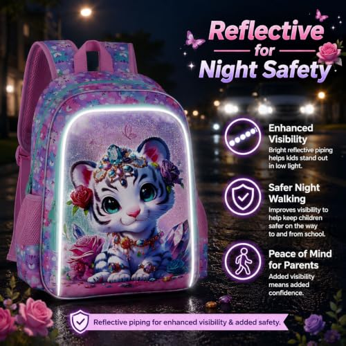 Image of 16 inch Girls Backpack, 16 inch Kids Bookbag with Lunch Box，Tiger School Backpacks for Elementary Preschool Kindergarten (Pink)