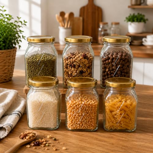 Image of Pure Source India Premium Clear 6 Pcs Glass Jar with Gold Lug Cap | Airtight Food Storage Jar for Honey, Jam, Pickles, Spices & Preserves (250 gm)