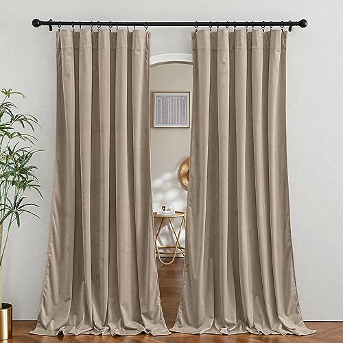 Image of RYB Home Camel Beige Velvet Room Divider, Soft Durable Drapes Room Darkening Privacy Window Treatment Farmhouse Decor for Apartment Sliding Glass Door, W62 x L84 inches, Set of 2
